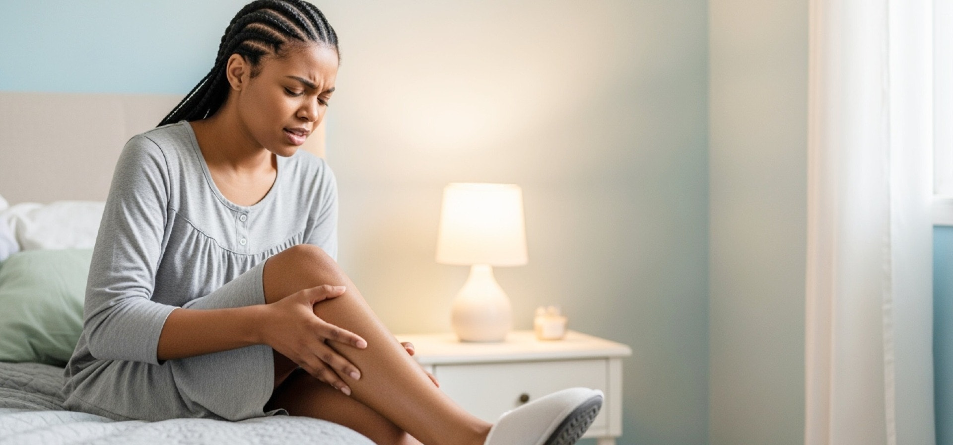 postpartum mom holding leg in pain